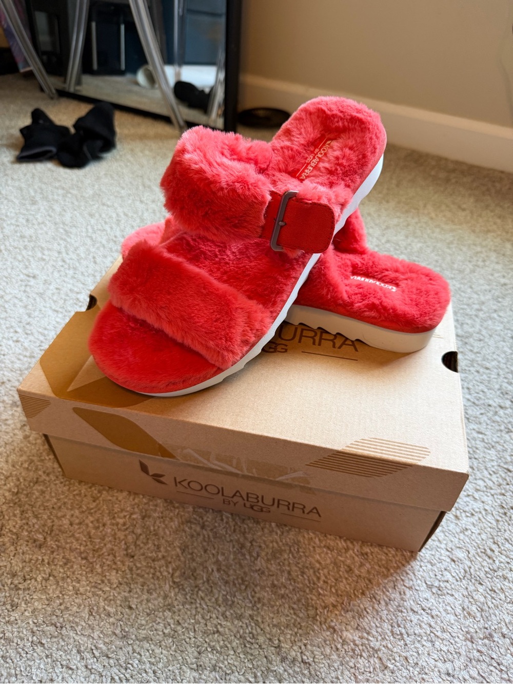 NWT UGG Koolaburra Coral Faux-Fur Buckle Slide Sandals